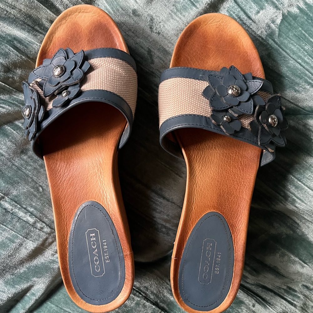 Canvas Leather Coach platform slides 8 1/2B EUC, so cute! Studded flower